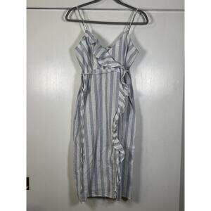 ZARA Basic Frilled Striped Dress Z1975 Denim - Blue & White Linen - Size M